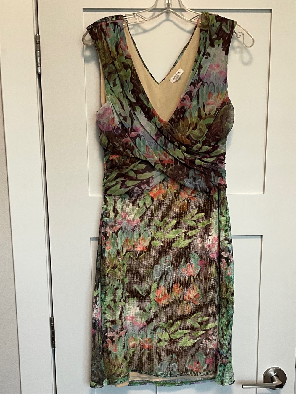 Floral Sheer Wrap-Front Dress in Green and Pink